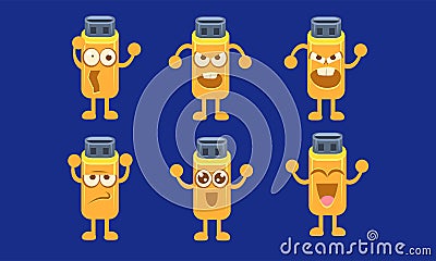 Flash Drive Characters Set, Funny Memory Cards Stick with Different Emotions Vector Illustration Vector Illustration