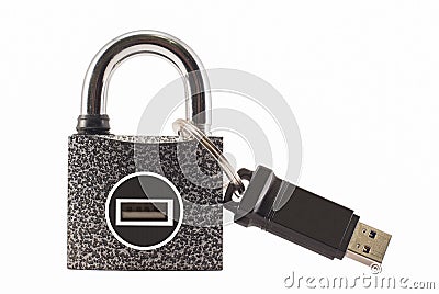 Flash drive and closed lock. Encryption and data security Stock Photo