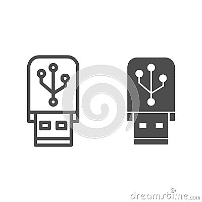 Flash drive line and solid icon. Portable data memory storage device symbol, outline style pictogram on white background Vector Illustration