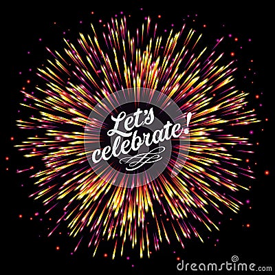 Festive New Year`s salute. A flash of fireworks on a dark background. A bright burst of festive lights. Congratulation. Vector Illustration