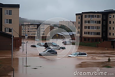 flash flood hits a town, with buildings and cars submerged in water Stock Photo