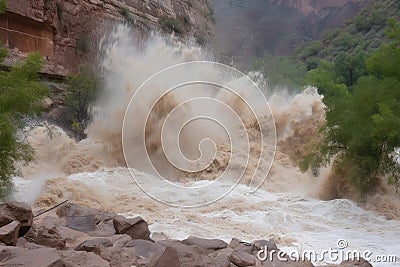 flash flood roars down a canyon, carrying debris and forming powerful current Stock Photo