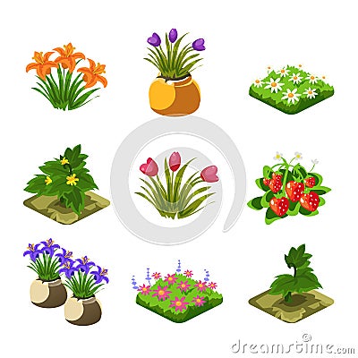 Flash Game Gardening Elements Set Vector Illustration