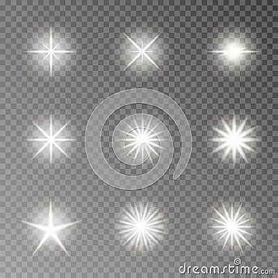 Flash light camera effect vector. Twinkle sparkle isolated on transparent background. Glare lens col Vector Illustration