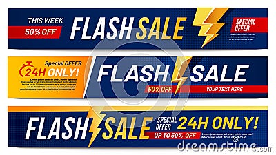 Flash sale banners. Lightning offer sales, only now deals and discount offers lightnings banner layout vector Vector Illustration