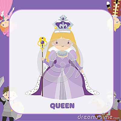 Clipart of the queen in purple dress with sceptre Vector Illustration