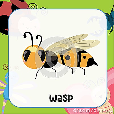 Animal flashcard. Cute insect flashcards for Children. Bugs flashcards cute character. wasp flashcard Vector Illustration