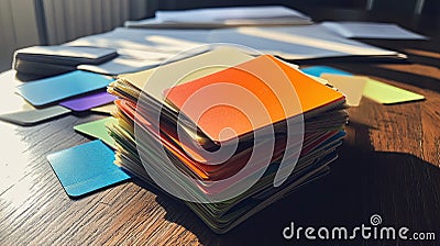 Flashcard Review: A stack of flashcards with key terms and definitions Stock Photo