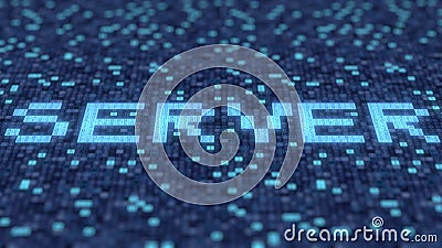 Flashing hexadecimal symbols on a blue computer screen compose SERVER word. 3D rendering Stock Photo
