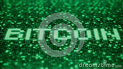 Flashing hexadecimal symbols on a green computer screen compose BITCOIN word. 3D rendering Stock Photo