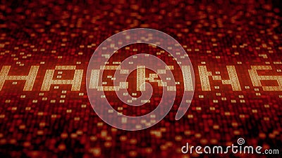 Flashing hexadecimal symbols on a red computer screen compose HACKING word. 3D rendering Stock Photo