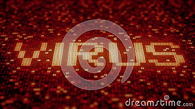 Flashing hexadecimal symbols on a red computer screen compose VIRUS word. 3D rendering Stock Photo