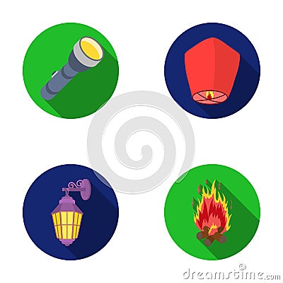 A flashlight, an air lantern, a lantern on the wall, a bonfire.Light source set collection icons in flat style vector Vector Illustration