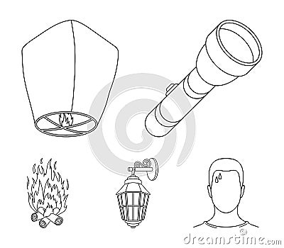 A flashlight, an air lantern, a lantern on the wall, a bonfire.Light source set collection icons in outline style vector Vector Illustration