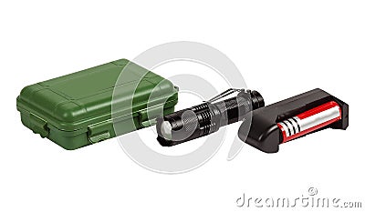 Flashlight with case, battery and charger Stock Photo