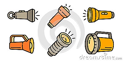 Flashlight icons set, outline style Vector Illustration