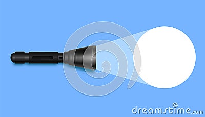 Flashlight with light on blue surface. Realistic black pocket device illuminates Vector Illustration