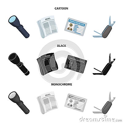 Flashlight, newspaper with news, certificate, folding knife.Detective set collection icons in cartoon,black,monochrome Vector Illustration