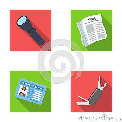 Flashlight, newspaper with news, certificate, folding knife.Detective set collection icons in flat style vector symbol Vector Illustration