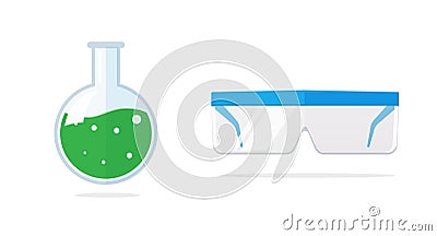 Flask for chemical lab icon vector or glasses goggles safety for eyes protect flat cartoon illustration isolated on white Vector Illustration