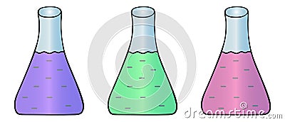 Flask with reagent. Vector set of illustrations. Isolated white background. Cartoon style. Drug creation. Glass container. Vector Illustration