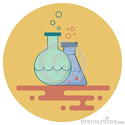 Flask and retort with chemical liquids on a yellow background. F Vector Illustration