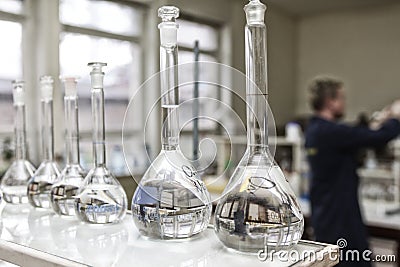 Flasks in laboratory Stock Photo