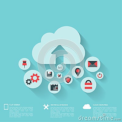 Flat abstract background with web icons. Interface symbols. Cloud computing. Mobile devices. Vector Illustration