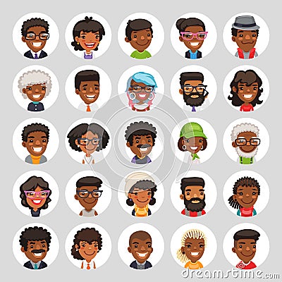 Flat African American Round Avatars on White Vector Illustration