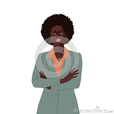 Flat african business woman, realistic portrait of confident lady Vector Illustration