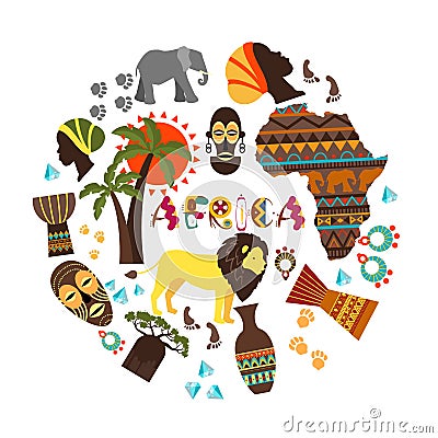 Flat African Ethnic Elements Round Concept Vector Illustration