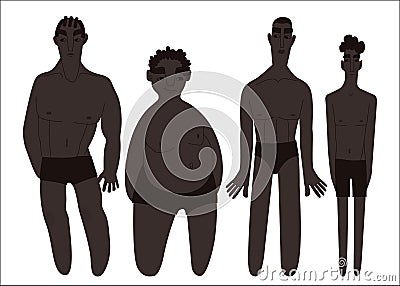 Flat African men in underwear portraits of different shapes and sizes vector illustration set. Tanned brown skin people Vector Illustration