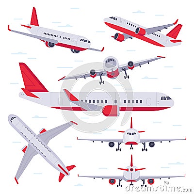 Flat airplane. Aircraft flight travel, aviation wings and landing airplanes isolated vector illustration Vector Illustration