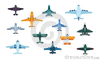 Flat airplanes. Top view of military jet aircraft and civil turbofan aviation planes, transport aviation. Vector Vector Illustration