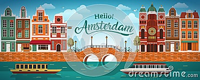 Flat Amsterdam panorama Holland, River sea canal channel bridge boat embankment bicycle multi color street. Vector Illustration