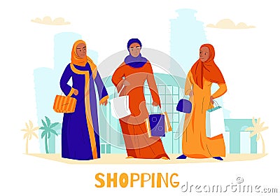 Arabs Women Shopping Composition Vector Illustration