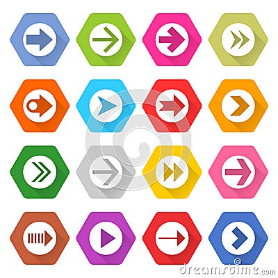 Flat arrow icon set hexagon web button Vector Illustration