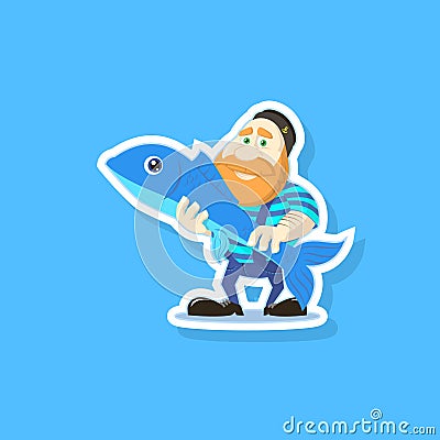 Flat art vector illustration of a cute cartoon fisherman with fish Cartoon Illustration
