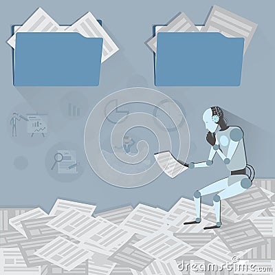 Flat of Artificial intelligence technology,Robot sitting on the document papers and analyzing them - Vector Vector Illustration