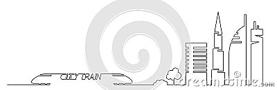 Flat artistic one line design vector city train and city buildings, skyscrapers, trees shape silhouettes drawn in minimalism slyle Vector Illustration