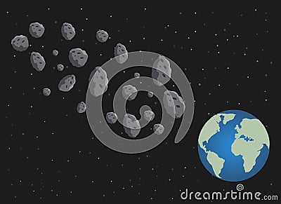 Flat asteroids and planet Earth. Space danger. Space Vector Illustration