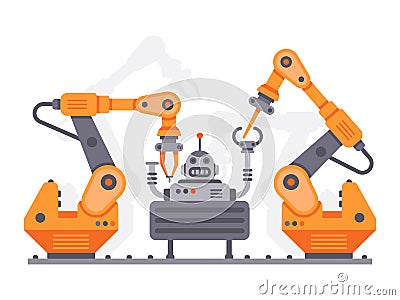 Flat auto robots factory. Electronic assembly of bot or robot vector illustration Vector Illustration