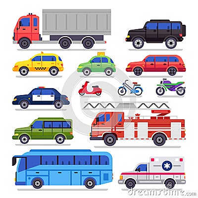 Flat auto transport. City road car, bicycle and motorcycle. Ambulance car, fire engine and town transporter bus isolated Vector Illustration