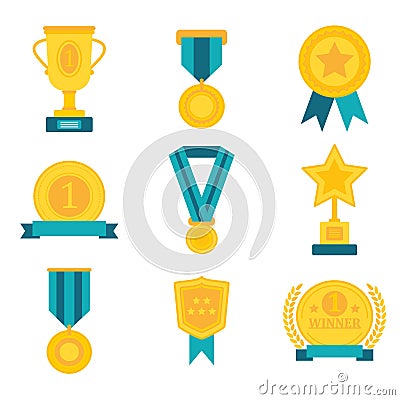 Flat awards medal trophy champion cup badge winner success icon collections vector illustration Vector Illustration