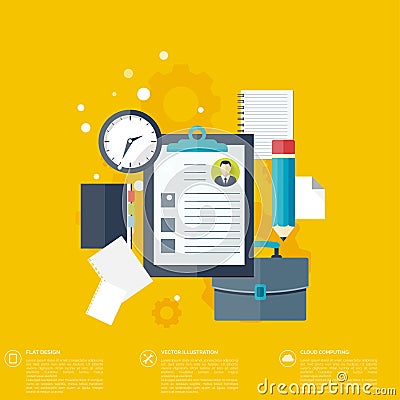 Flat background with papers.Temwork concept. Global communication and working expierence. Business, briefing Vector Illustration