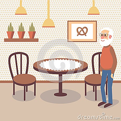 Flat bakery shop interior with table and two wooden chairs. Vector Illustration