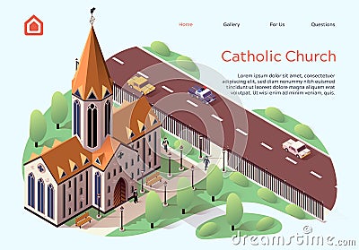 Flat Banner Catholic Church Lettering Cartoon. Vector Illustration