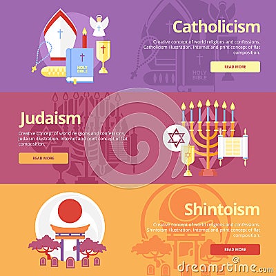 Flat banner concepts for catholicism, judaism, shintoism. Religion concepts for web banners and print materials. Vector Illustration