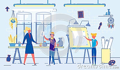 Flat Banner Teaching Children Art in School Class. Vector Illustration