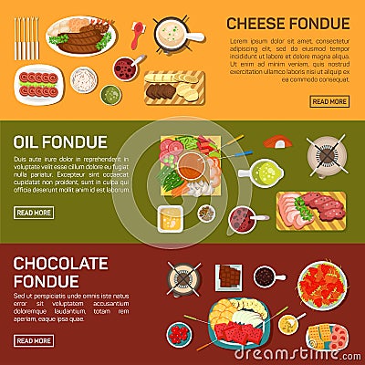 Flat banners cheese, oil, chocolate fondue Vector Illustration